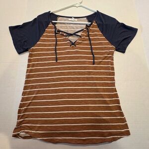 Maurices Brown and Navy Striped Short Sleeve Tee Tie Front Small